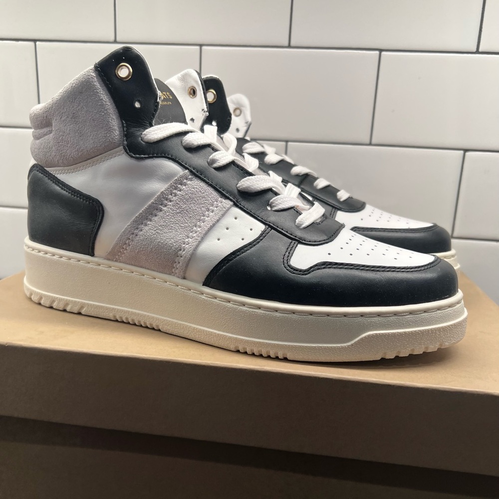 Greats Saint James Mid White/Black/Grey‎ Premium Leather Lace-Up Sneakers
